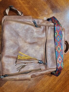 Women's Tan Faux Leather Backpack with Colorful Woven Strap